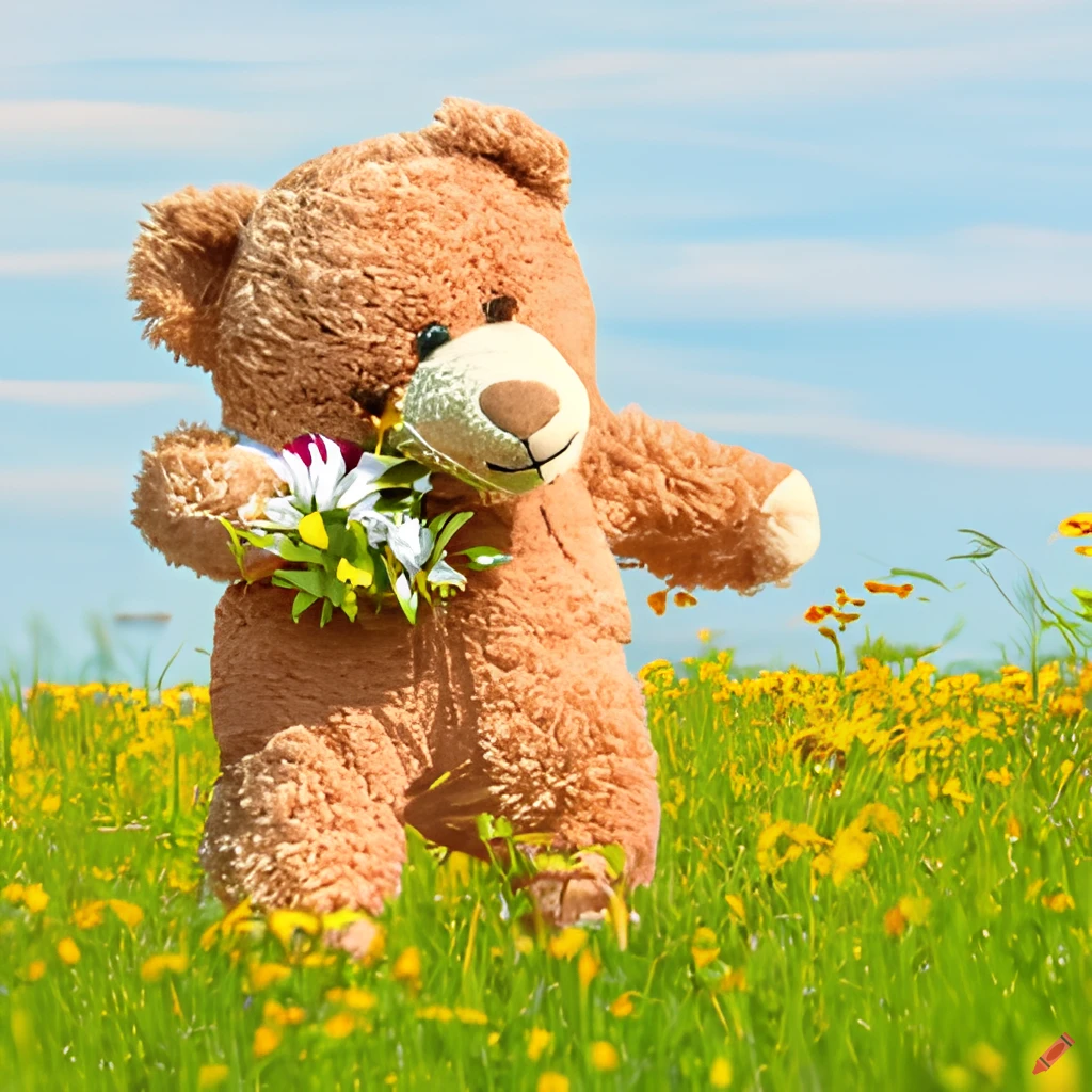 An AI generated image of a weird dream with a teddy bear holding flowers running in a meadow